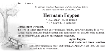 Traueranzeige von Herrmann Foppen von Neue Osnabrücker Zeitung GmbH & Co. KG