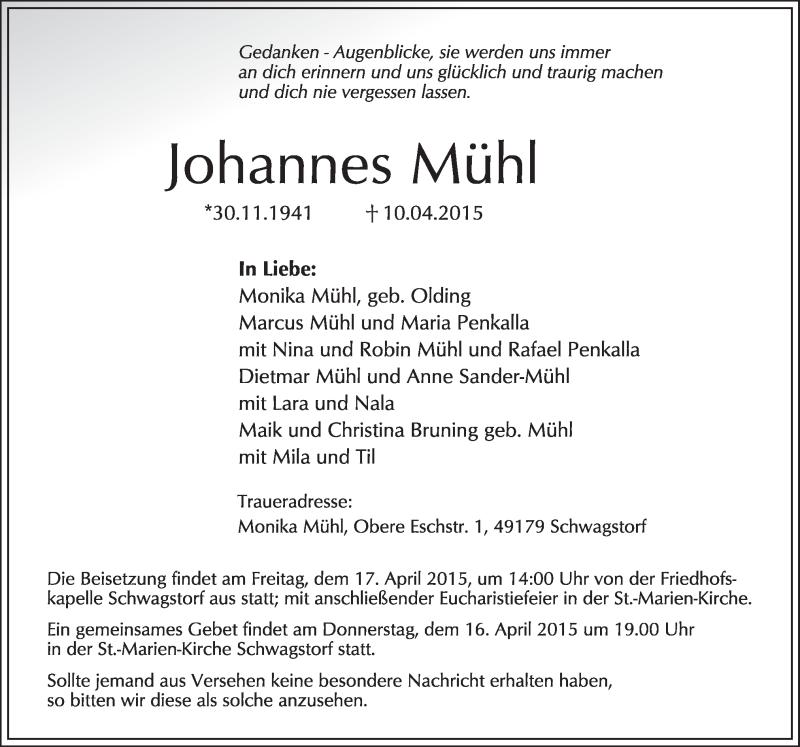  Traueranzeige für Johannes Mühl vom 15.04.2015 aus Neue Osnabrücker Zeitung GmbH & Co. KG