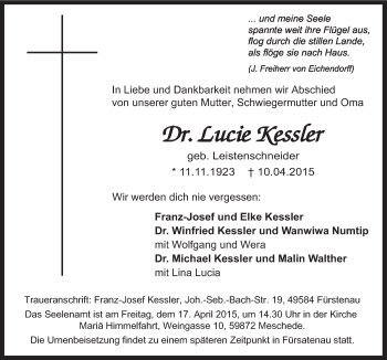 Traueranzeige von Lucie Kessler von Neue Osnabrücker Zeitung GmbH & Co. KG
