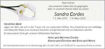 Traueranzeige von Sandra Cordes von Neue Osnabrücker Zeitung GmbH & Co. KG