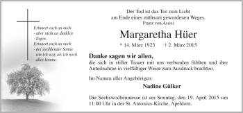 Traueranzeige von Margaretha Hüer von Neue Osnabrücker Zeitung GmbH & Co. KG