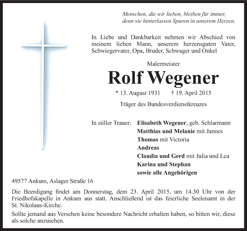  Traueranzeige für Rolf Wegener vom 21.04.2015 aus Neue Osnabrücker Zeitung GmbH & Co. KG