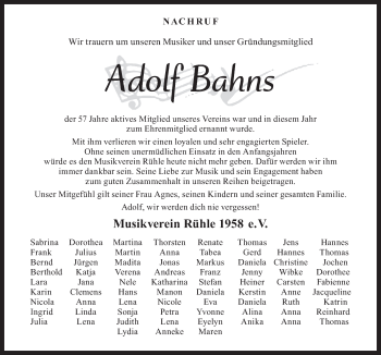 Traueranzeige von Adolf Bahns von Neue Osnabrücker Zeitung GmbH & Co. KG