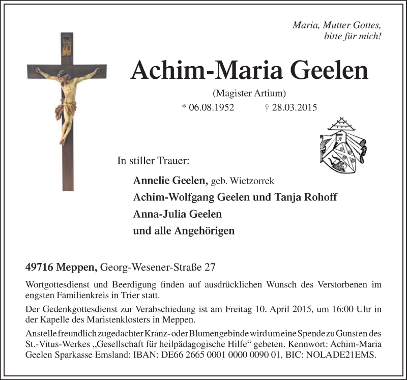  Traueranzeige für Achim-Maria Geelen vom 04.04.2015 aus Neue Osnabrücker Zeitung GmbH & Co. KG