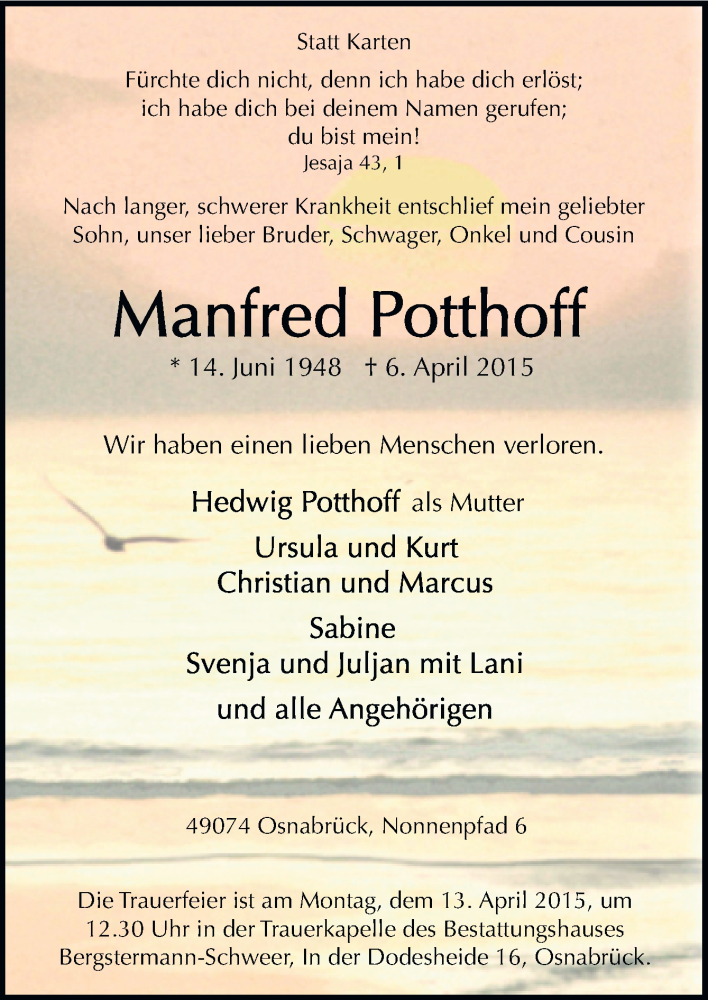  Traueranzeige für Manfred Potthoff vom 09.04.2015 aus Neue Osnabrücker Zeitung GmbH & Co. KG