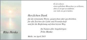 Traueranzeige von Rita Henke von Neue Osnabrücker Zeitung GmbH & Co. KG