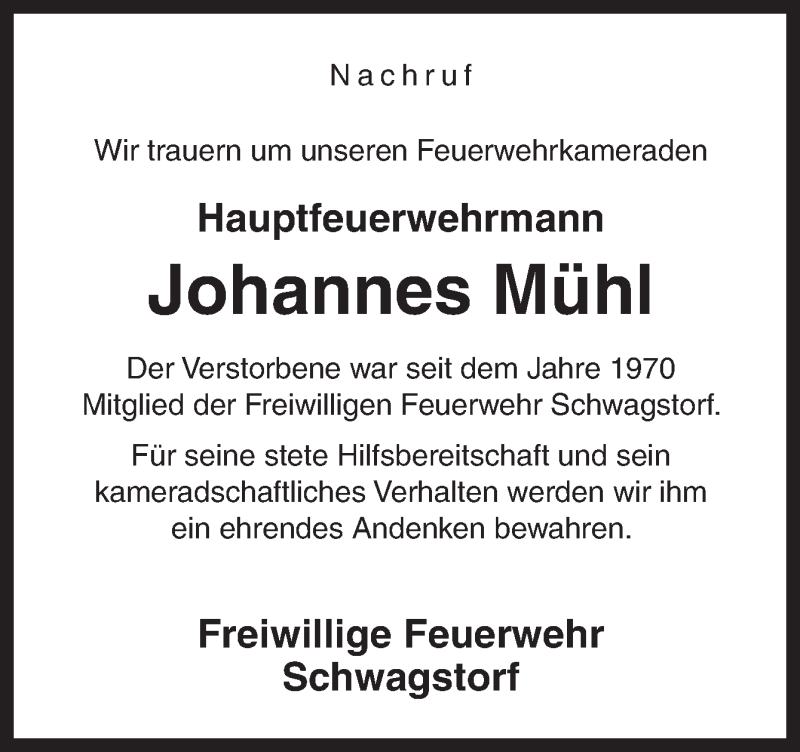  Traueranzeige für Johannes Mühl vom 17.04.2015 aus Neue Osnabrücker Zeitung GmbH & Co. KG