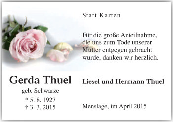 Traueranzeige von Gerda Thuel von Neue Osnabrücker Zeitung GmbH & Co. KG