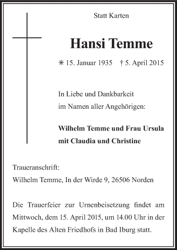 Traueranzeige von Hansi Temme von Neue Osnabrücker Zeitung GmbH & Co. KG