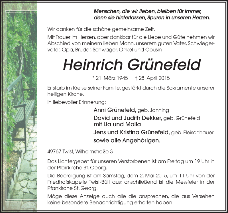  Traueranzeige für Heinrich Grünefeld vom 30.04.2015 aus Neue Osnabrücker Zeitung GmbH & Co. KG