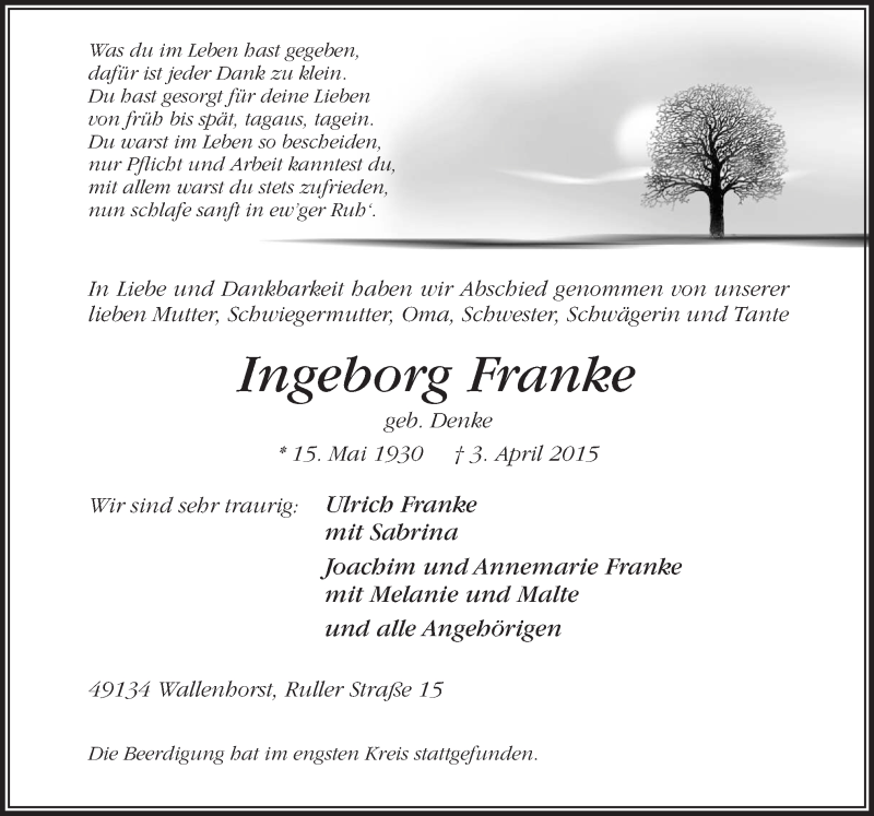  Traueranzeige für Ingeborg Franke vom 14.04.2015 aus Neue Osnabrücker Zeitung GmbH & Co. KG