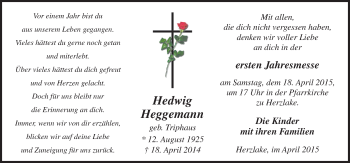 Traueranzeige von Hedwig Heggemann von Neue Osnabrücker Zeitung GmbH & Co. KG