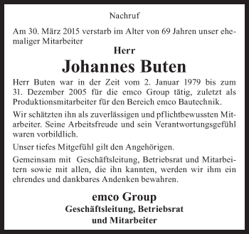 Traueranzeige von Johannes Buten von Neue Osnabrücker Zeitung GmbH & Co. KG