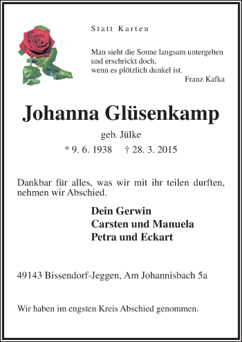 Traueranzeige von Johanna Glüsenkamp von Neue Osnabrücker Zeitung GmbH & Co. KG