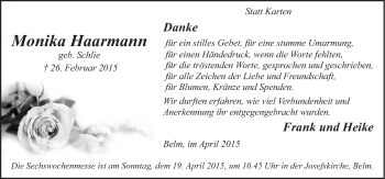 Traueranzeige von Monika Haarmann von Neue Osnabrücker Zeitung GmbH & Co. KG