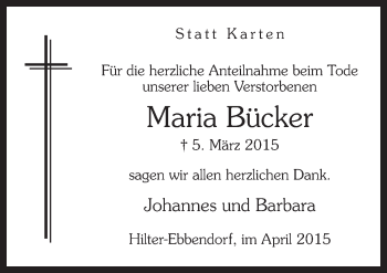 Traueranzeige von Maria Bücker von Neue Osnabrücker Zeitung GmbH & Co. KG