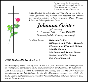 Traueranzeige von Johanna Grüter von Neue Osnabrücker Zeitung GmbH & Co. KG