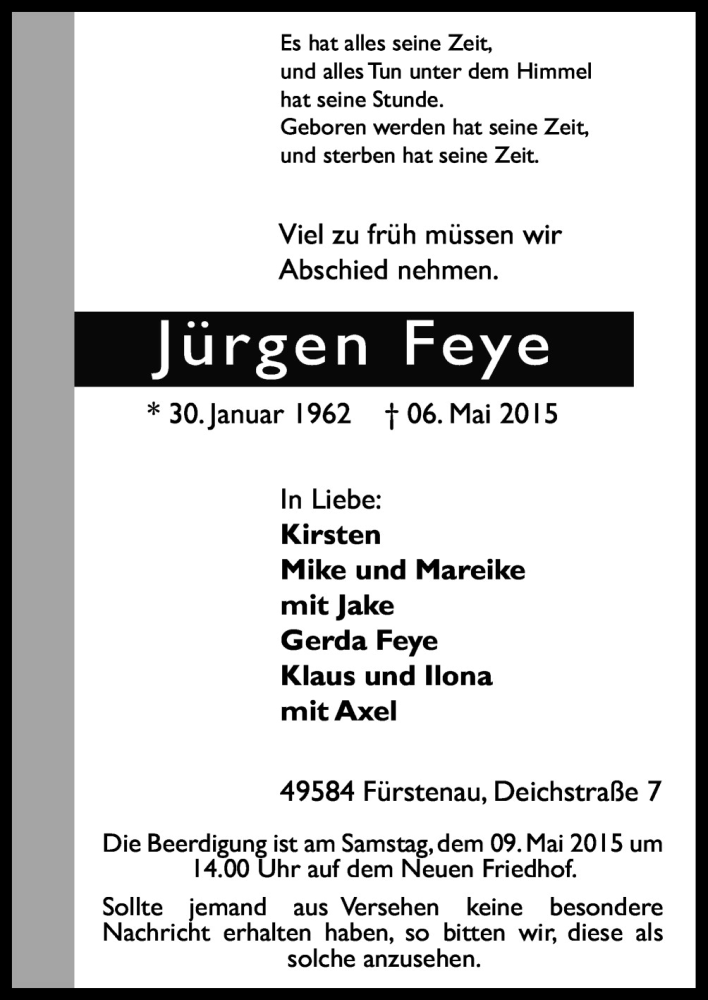  Traueranzeige für Jürgen Feye vom 07.05.2015 aus Neue Osnabrücker Zeitung GmbH & Co. KG