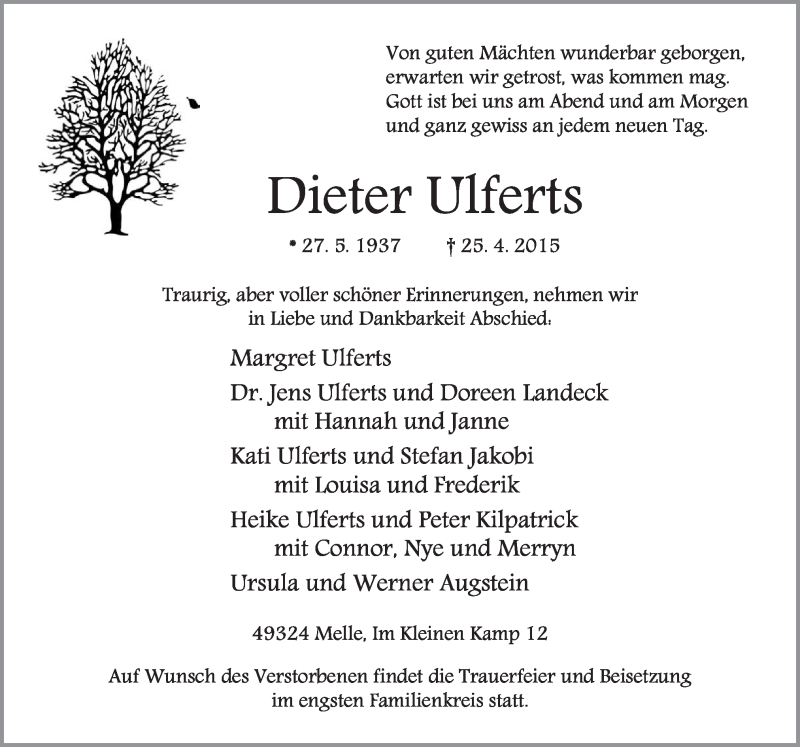  Traueranzeige für Dieter Ulferts vom 02.05.2015 aus Neue Osnabrücker Zeitung GmbH & Co. KG