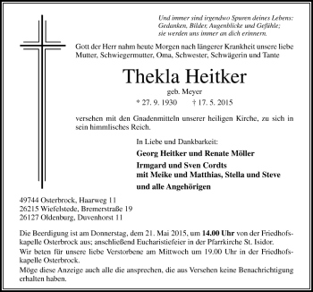 Traueranzeige von Thekla Heitker von Neue Osnabrücker Zeitung GmbH & Co. KG