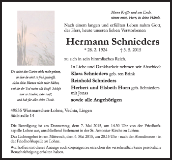 Traueranzeige von Hermann Schnieders von Neue Osnabrücker Zeitung GmbH & Co. KG