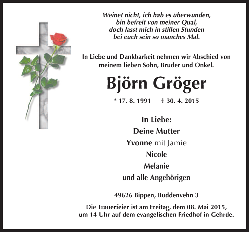  Traueranzeige für Björn Gröger vom 05.05.2015 aus Neue Osnabrücker Zeitung GmbH & Co. KG