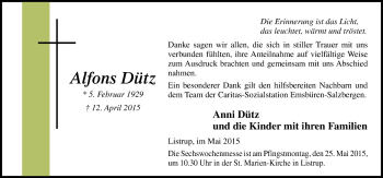 Traueranzeige von Alfons Dütz von Neue Osnabrücker Zeitung GmbH & Co. KG