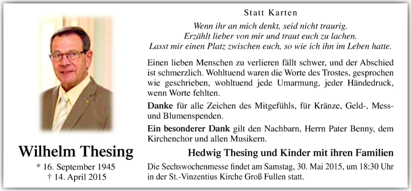  Traueranzeige für Wilhelm Thesing vom 27.05.2015 aus Neue Osnabrücker Zeitung GmbH & Co. KG