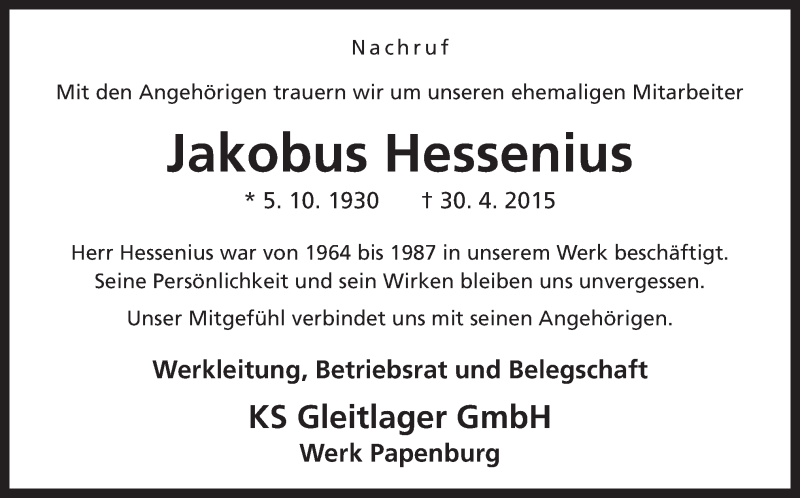  Traueranzeige für Jakobus Hessenius vom 06.05.2015 aus Neue Osnabrücker Zeitung GmbH & Co. KG