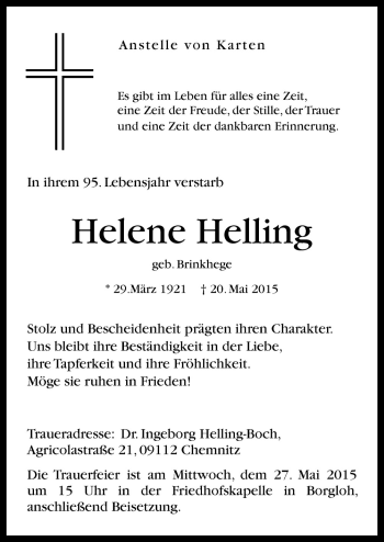 Traueranzeige von Helene Helling von Neue Osnabrücker Zeitung GmbH & Co. KG