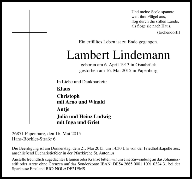  Traueranzeige für Lambert Lindemann vom 18.05.2015 aus Neue Osnabrücker Zeitung GmbH & Co. KG