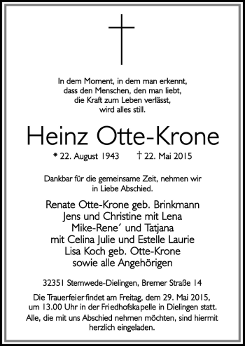 Traueranzeige von Heinz Otto-Krone von Neue Osnabrücker Zeitung GmbH & Co. KG