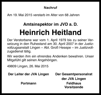 Traueranzeige von Heinrich Heitland von Neue Osnabrücker Zeitung GmbH & Co. KG
