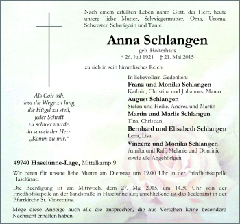 Traueranzeige von Anna Schlangen von Neue Osnabrücker Zeitung GmbH & Co. KG