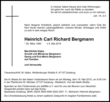 Traueranzeige von Heinrich Carl Richard Bergmann von Neue Osnabrücker Zeitung GmbH & Co. KG