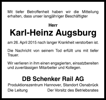 Traueranzeige von Karl-Heinz Augsburg von Neue Osnabrücker Zeitung GmbH & Co. KG