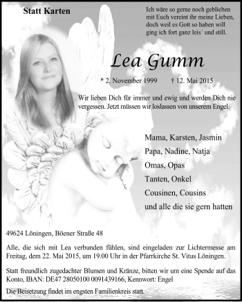 Traueranzeige von Lea Gumm von Neue Osnabrücker Zeitung GmbH & Co. KG