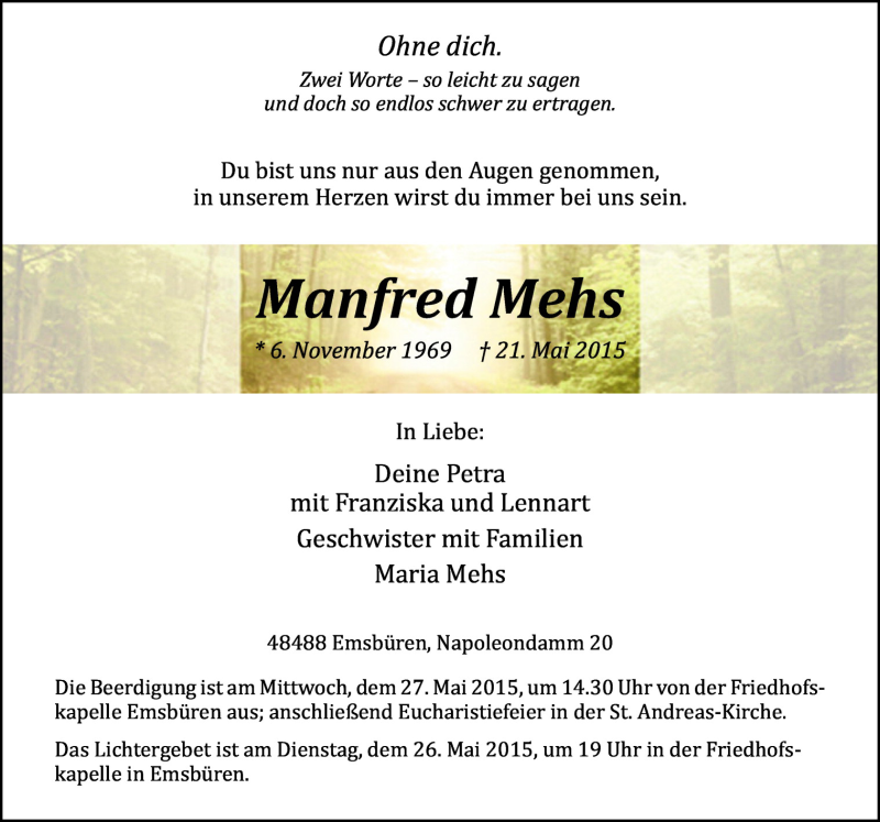 Traueranzeige für Manfred Mehs vom 23.05.2015 aus Neue Osnabrücker Zeitung GmbH & Co. KG