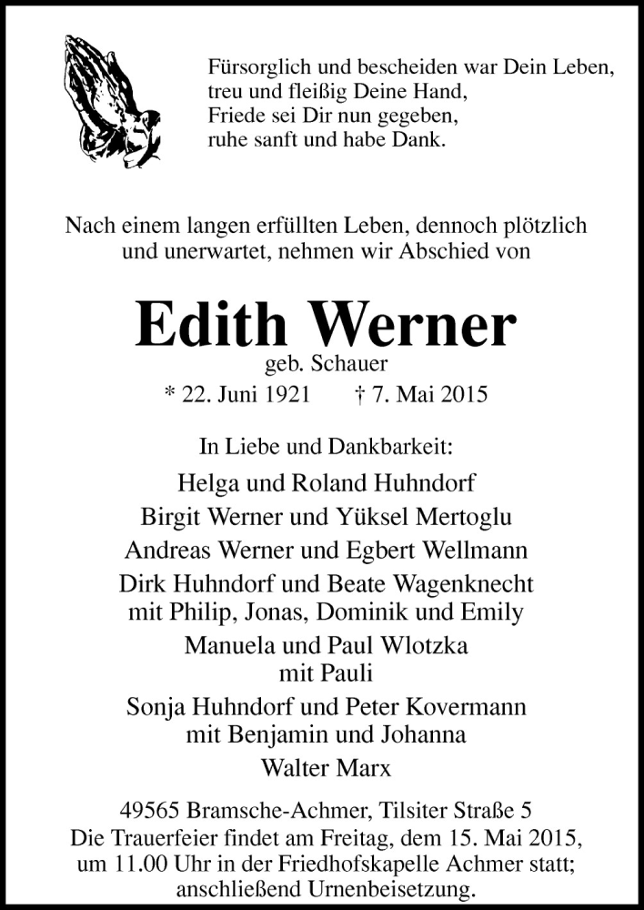  Traueranzeige für Edith Werner vom 12.05.2015 aus Neue Osnabrücker Zeitung GmbH & Co. KG
