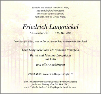 Traueranzeige von Friedrich Langnickel von Neue Osnabrücker Zeitung GmbH & Co. KG