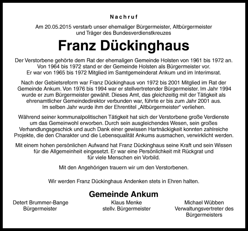  Traueranzeige für Franz Dückinghaus vom 23.05.2015 aus Neue Osnabrücker Zeitung GmbH & Co. KG