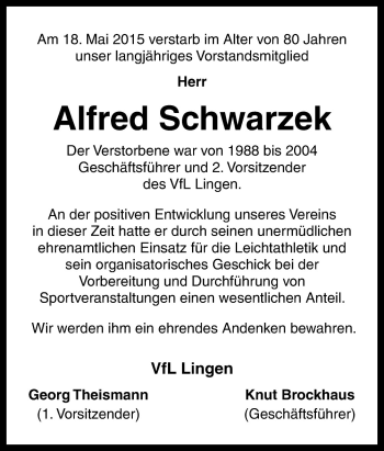 Traueranzeige von Alfred Schwarzek von Neue Osnabrücker Zeitung GmbH & Co. KG