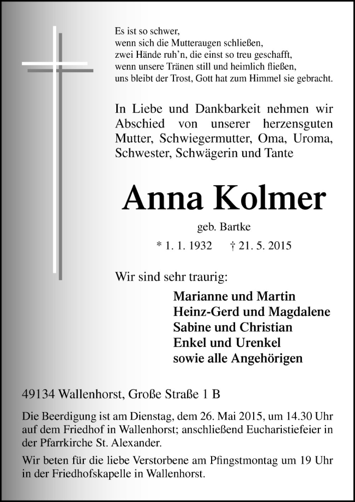  Traueranzeige für Anna Kolmer vom 22.05.2015 aus Neue Osnabrücker Zeitung GmbH & Co. KG