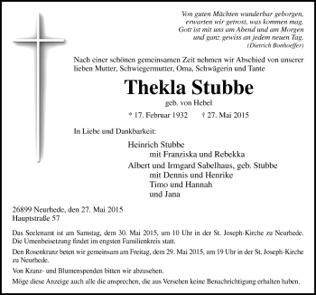 Traueranzeige von Thekla Stubbe von Neue Osnabrücker Zeitung GmbH & Co. KG