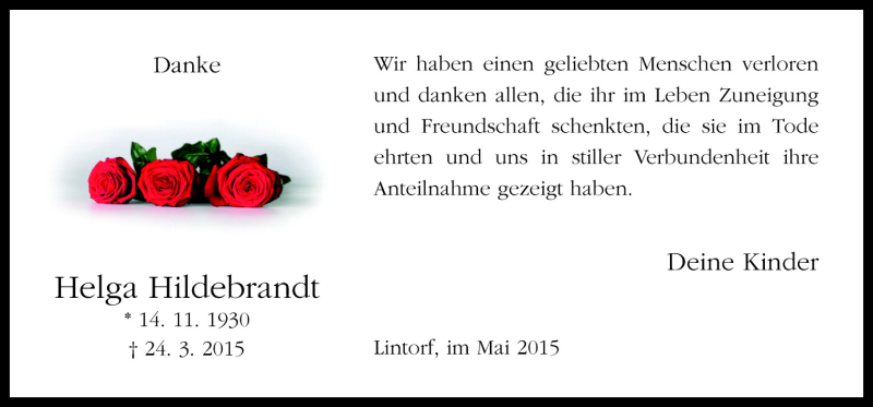  Traueranzeige für Helga Hildebrandt vom 09.05.2015 aus Neue Osnabrücker Zeitung GmbH & Co. KG
