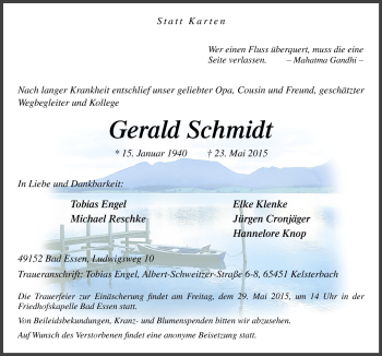 Traueranzeige von Gerald Schmidt von Neue Osnabrücker Zeitung GmbH & Co. KG