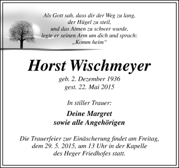 Traueranzeige von Horst Wischmeyer von Neue Osnabrücker Zeitung GmbH & Co. KG