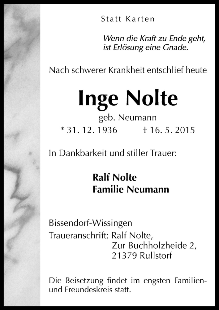 Traueranzeige für Inge Nolte vom 19.05.2015 aus Neue Osnabrücker Zeitung GmbH & Co. KG