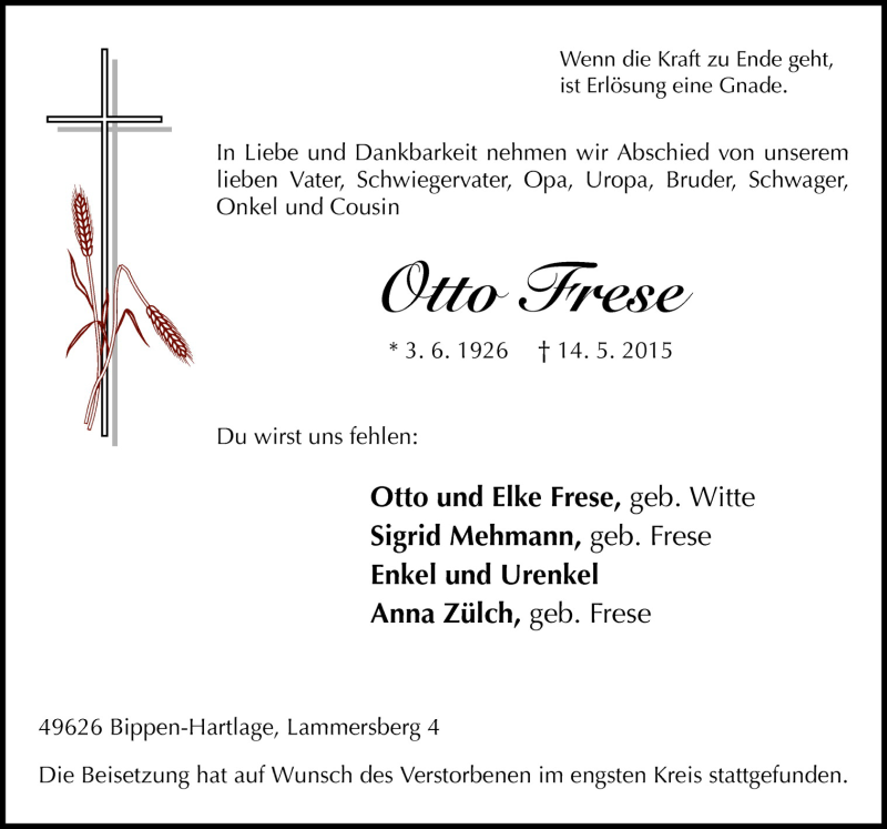  Traueranzeige für Otto Frese vom 20.05.2015 aus Neue Osnabrücker Zeitung GmbH & Co. KG