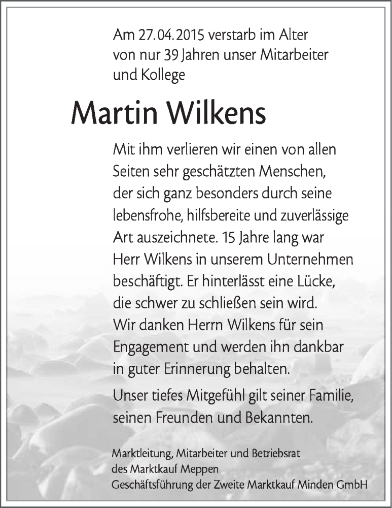  Traueranzeige für Martin Wilkens vom 02.05.2015 aus Neue Osnabrücker Zeitung GmbH & Co. KG